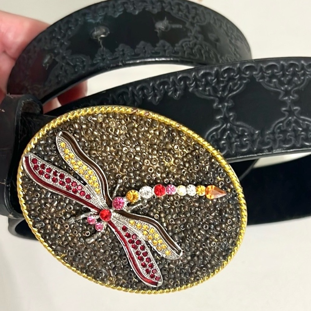 Mary Sullivan Belleair, Dragonfly Jeweled Buckle Embossed Statement Belt,Size L